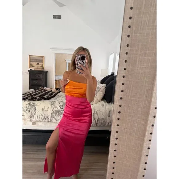 Alice & Olivia - Lilly’s Slit Midi Dress in Orange and Candy - NWT Size 0 - Picture 6 of 12